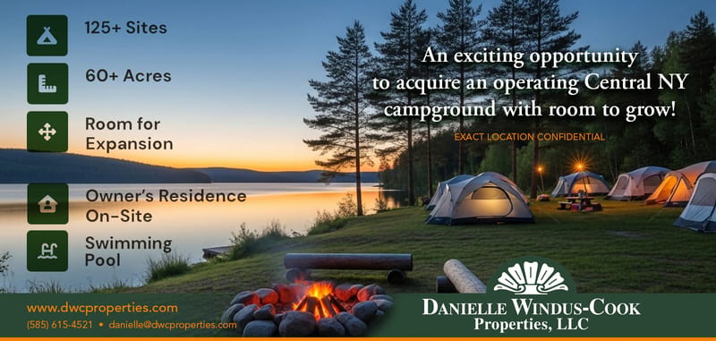 Central New York Campground listing graphic — 125+ sites on 60+ acres, exact location confidential