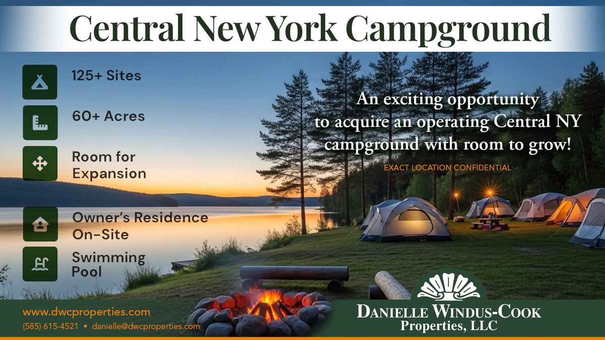 Central New York Campground listing graphic — 125+ sites on 60+ acres with room for expansion, an owner’s residence on-site and a swimming pool; exact location confidential