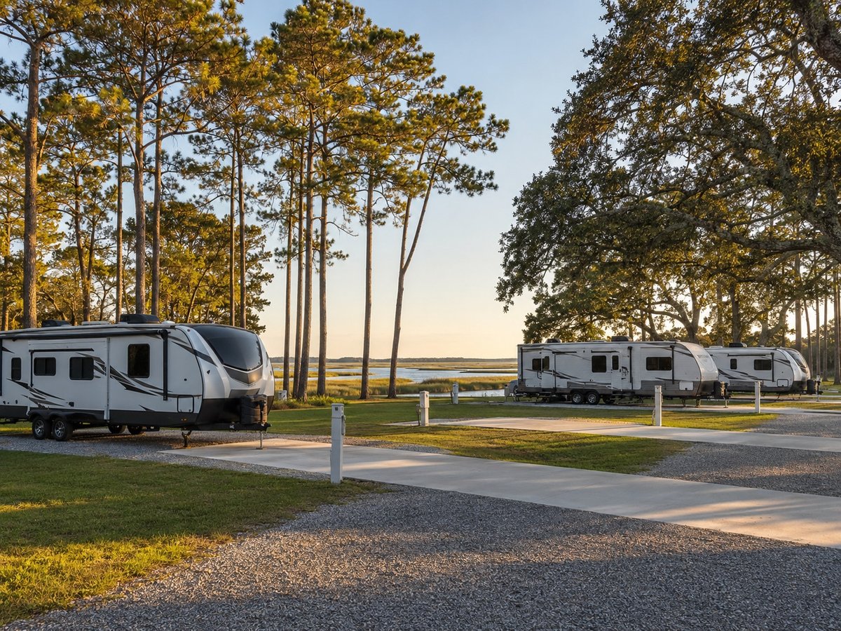 Illustrative rendering of an RV park among coastal pines — not the actual property