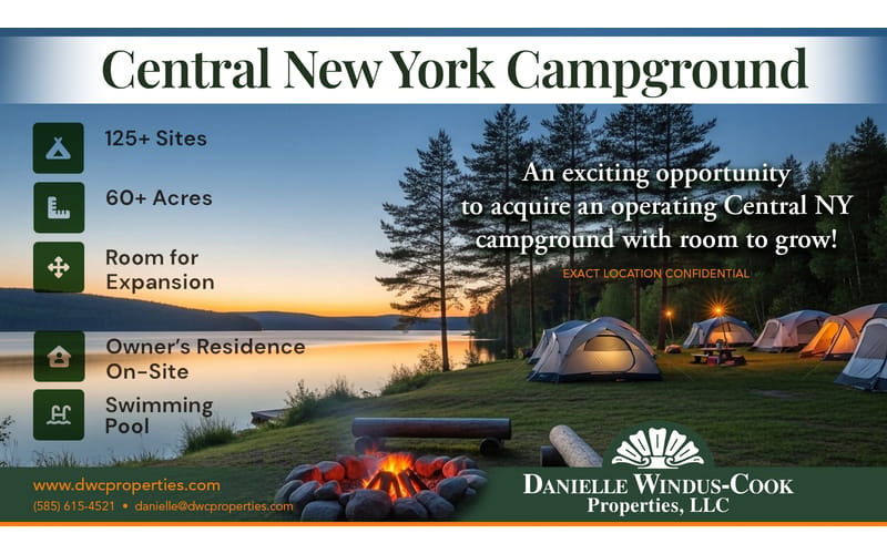 Central New York Campground listing graphic — 125+ sites on 60+ acres, exact location confidential